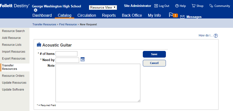 New Request page showing the necessary fields